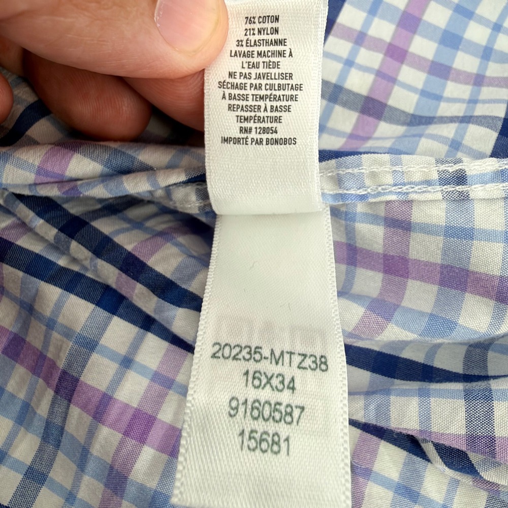Bonobos Stretch Slim Fit Dress Shirt Plaid Check Purple Blue 16 x 34 Mens - Picture 7 of 7